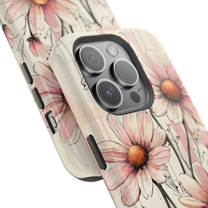 Pastel Pink Daisy MagSafe iPhone Case - Elegant Floral Plaid Protective Cover