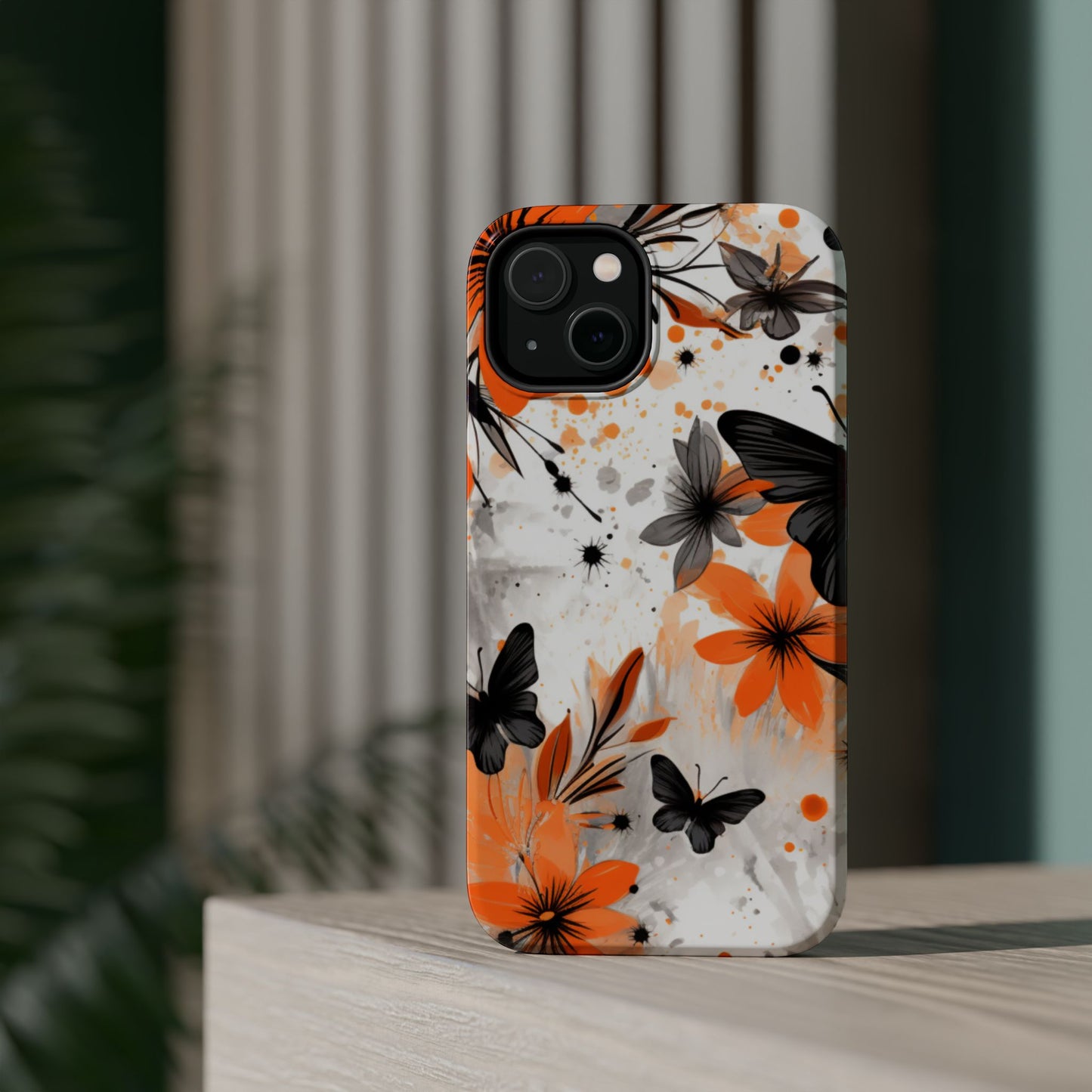 Orange Blossom & Black Butterfly MagSafe iPhone Case – Bold Floral Pattern with Modern Abstract Style