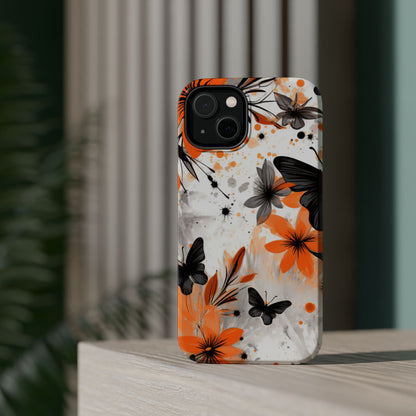 Orange Blossom & Black Butterfly MagSafe iPhone Case – Bold Floral Pattern with Modern Abstract Style