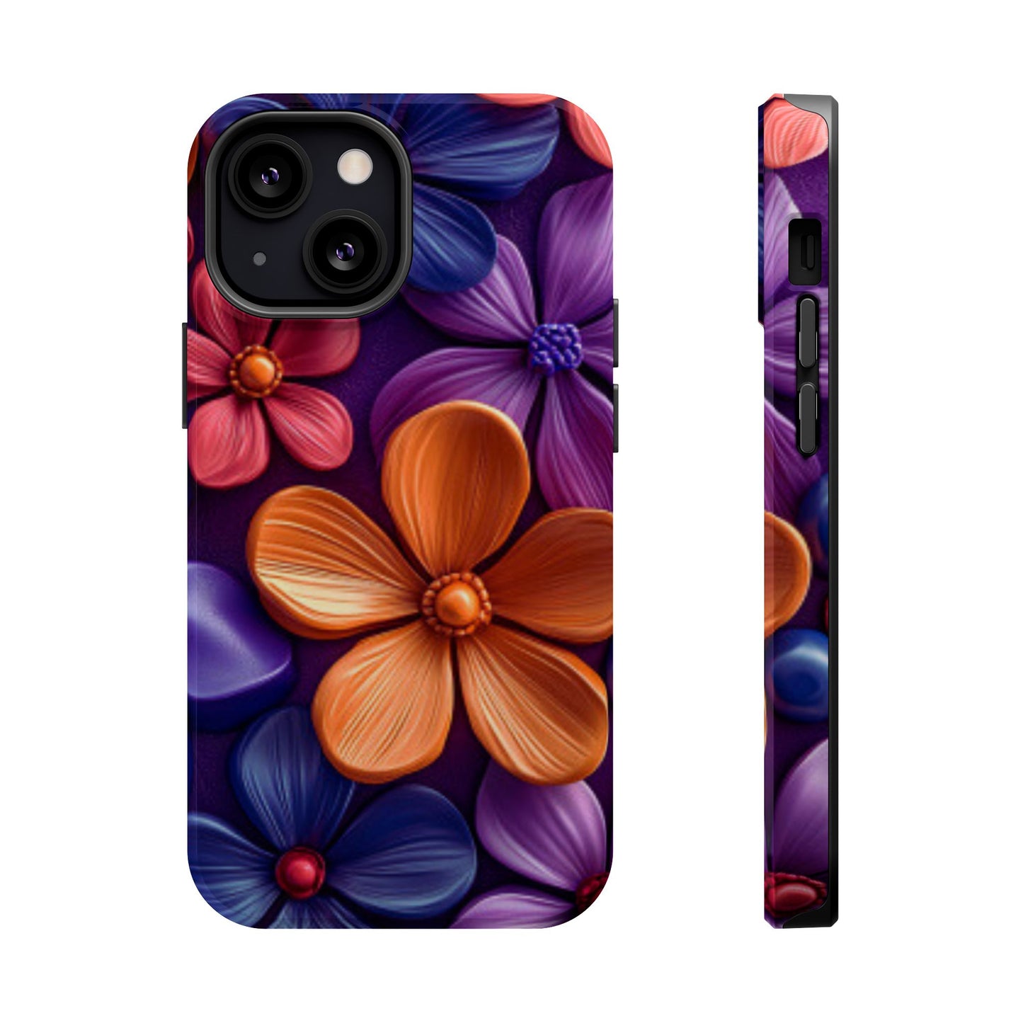 Bold Floral 3D MagSafe iPhone Case – Vivid Purple and Orange Flower Design, Shock-Resistant