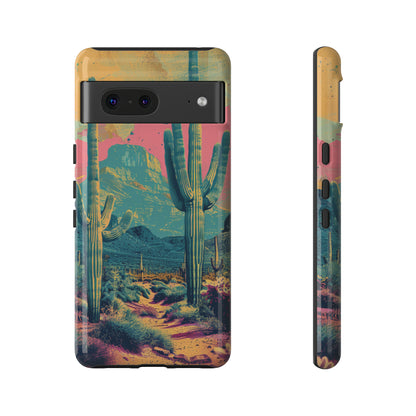 Desert Oasis Retro Cactus Phone Case - Vibrant Sunset Landscape for iPhone 15/14/13/12, Samsung S24/S23/S22/S21, & Google Pixel