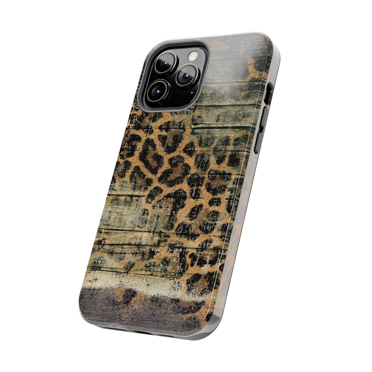 Rustic Wood and Leopard Print Tough iPhone Case – Distressed Western Design with Dual-Layer Protection