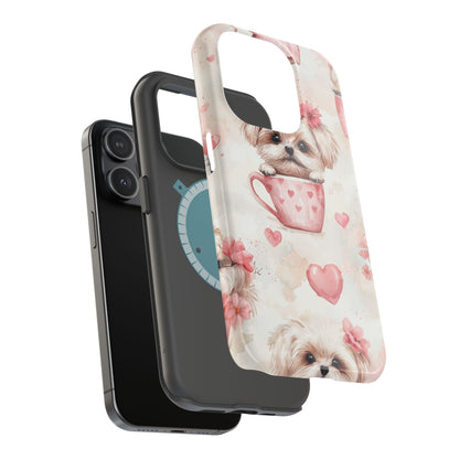 Floral Puppy in Teacup MagSafe iPhone Case – Cute Pink Flower Design, Tough Dual-Layer Protection