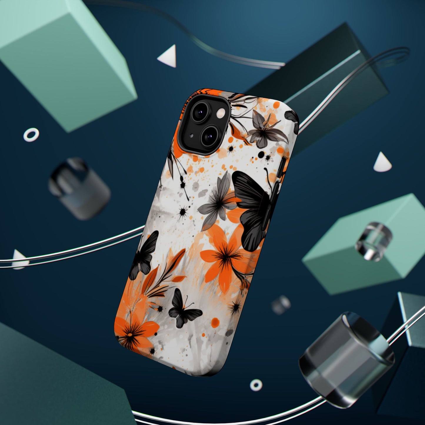 Orange Blossom & Black Butterfly MagSafe iPhone Case – Bold Floral Pattern with Modern Abstract Style