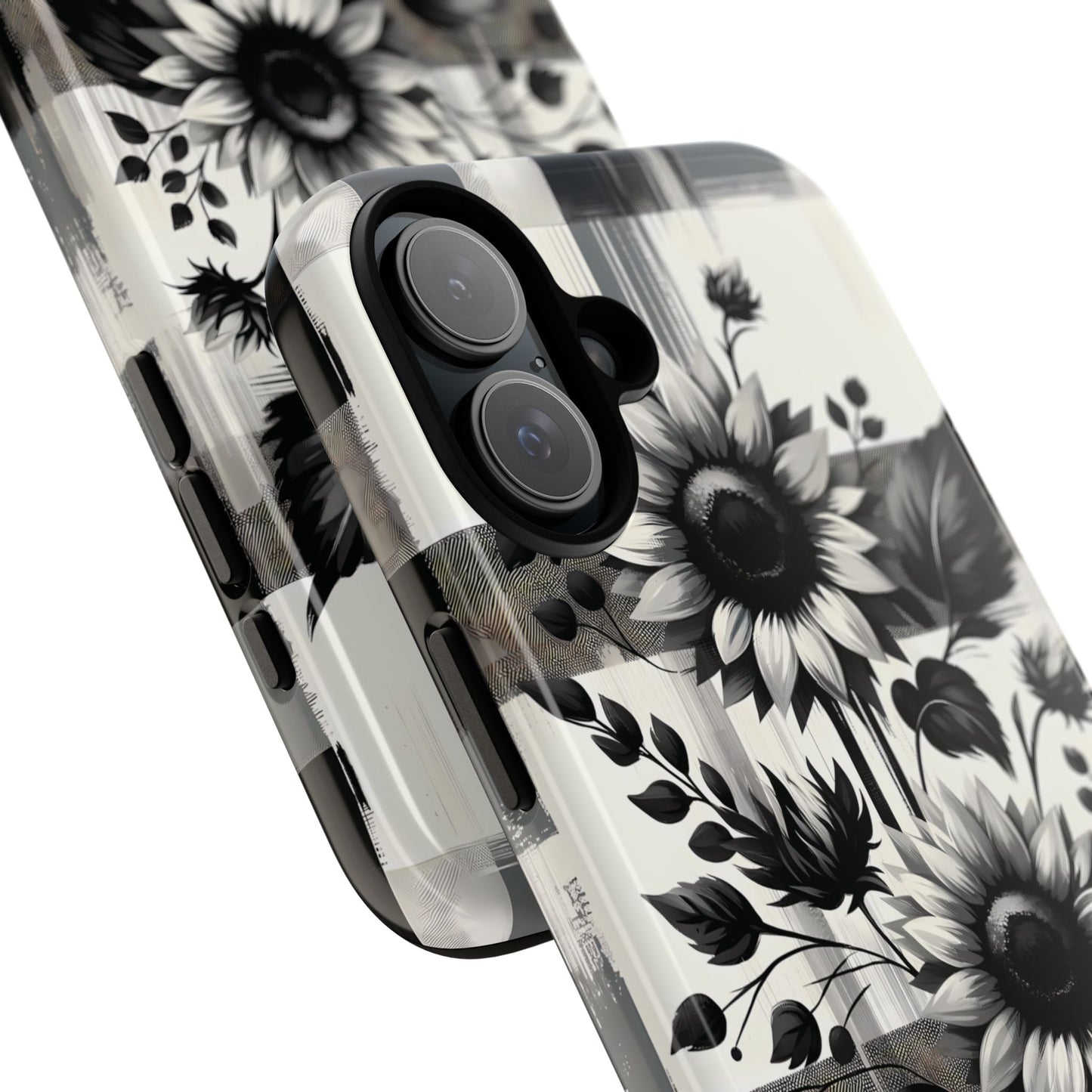 Black/White Sunflower Plaid Phone Case - Chic Noir Sunflower Plaid - Premium Protective Phone Case For iPhone, Samsung Galaxy, & Google. - BOGO Cases