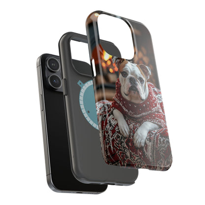 Cozy Bulldog in Sweater MagSafe iPhone Case – Festive Fireplace Protective Cover