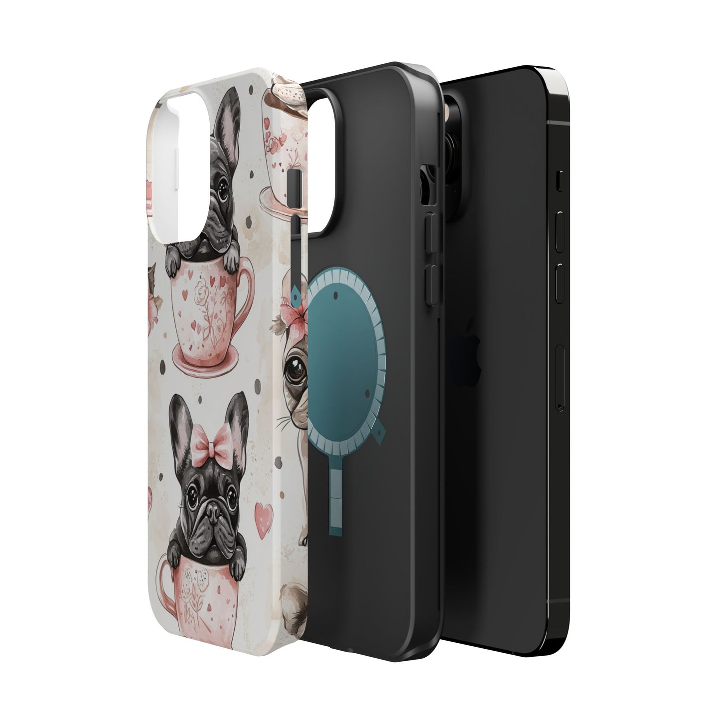 French Bulldogs in Teacups MagSafe iPhone Case – Cute Dog Design with Hearts & Bows, Shockproof & Slim