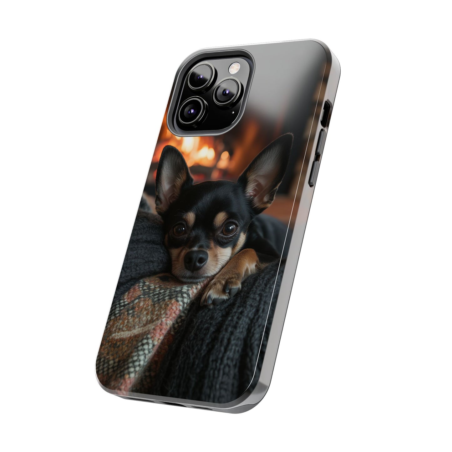 Cozy Chihuahua Fireplace iPhone Case – Warm and Stylish Design