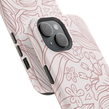 Blush Floral Line Art Tough MagSafe iPhone Case – Delicate Minimalist Design with Dual-Layer Protection