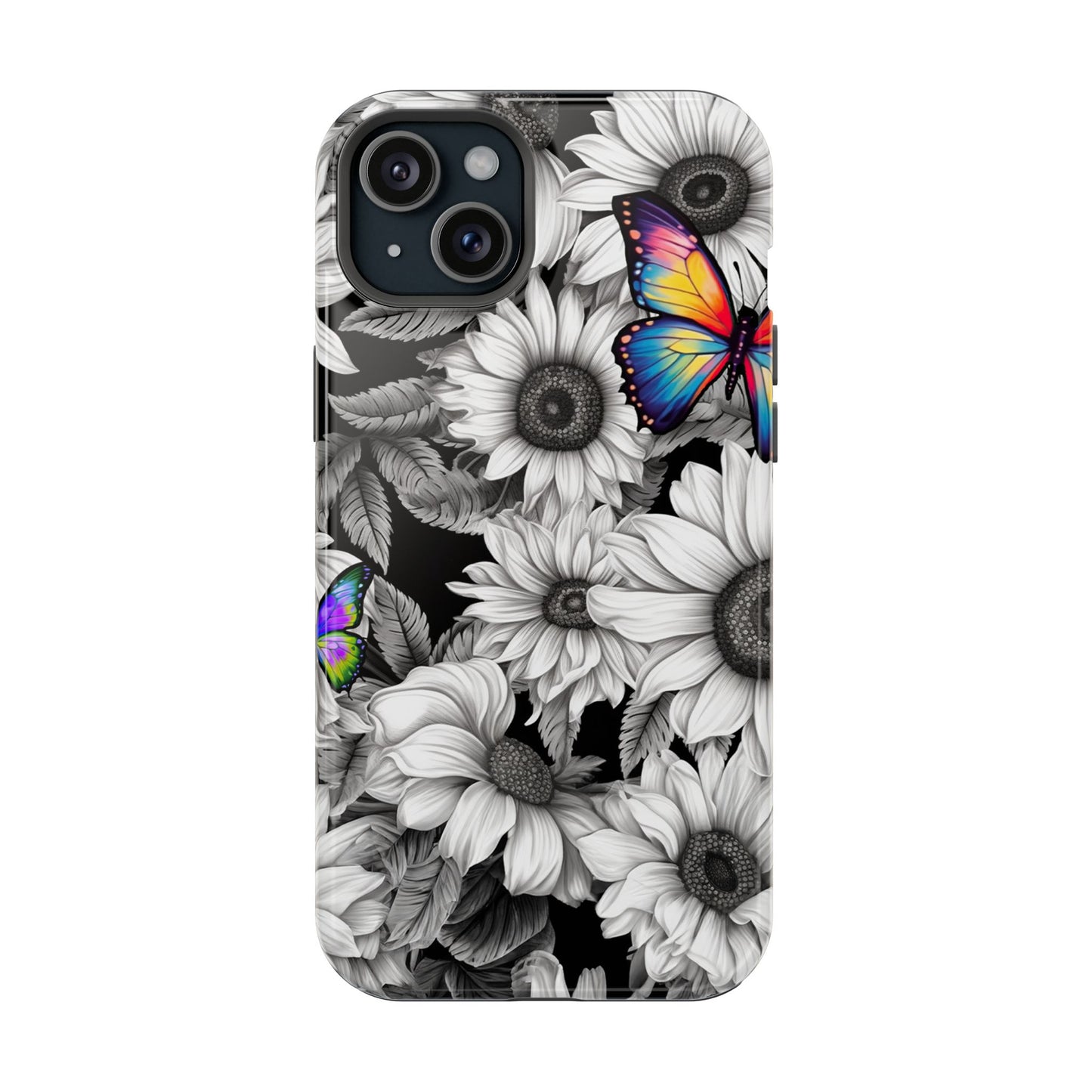 Rainbow Butterflies & Monochrome Sunflowers – MagSafe iPhone Case