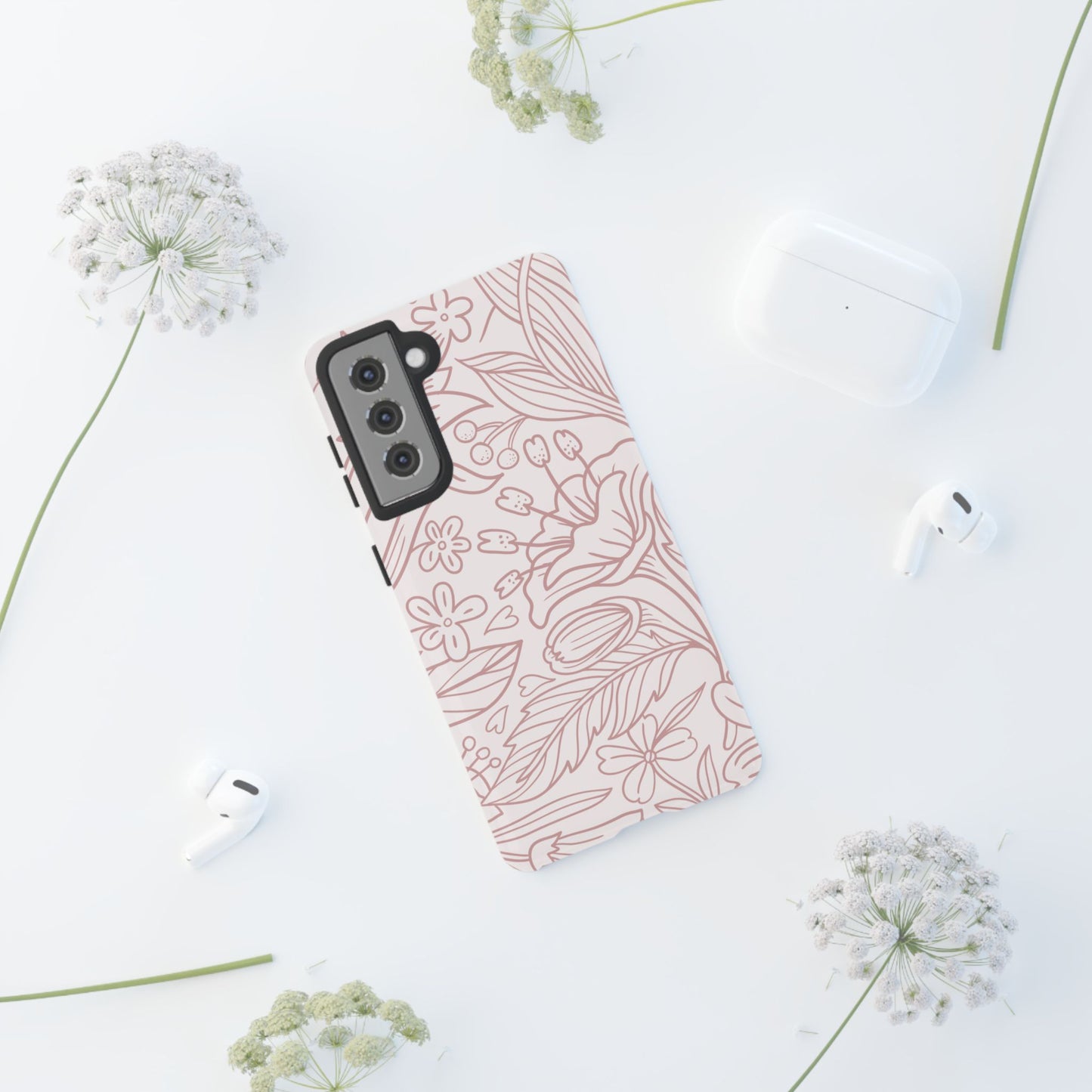 Blush Floral Line Art Tough Samsung Galaxy Case – Delicate Minimalist Design with Dual-Layer Protection