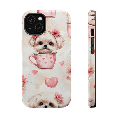 Floral Puppy in Teacup MagSafe iPhone Case – Cute Pink Flower Design, Tough Dual-Layer Protection