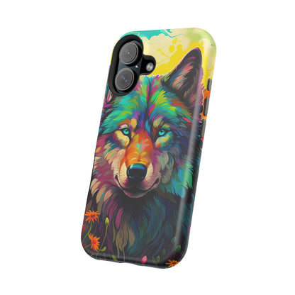 Rainbow Wolf in Bloom – MagSafe iPhone Case with Nature-Inspired Design