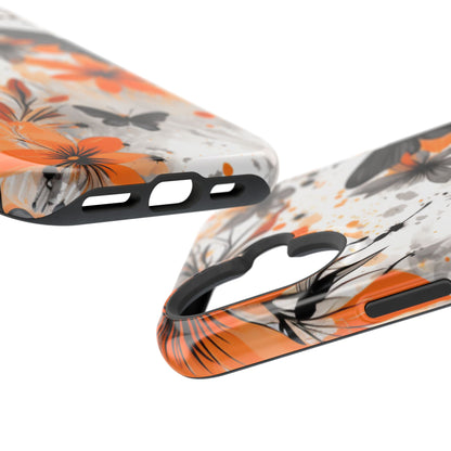 Orange Blossom & Black Butterfly MagSafe iPhone Case – Bold Floral Pattern with Modern Abstract Style