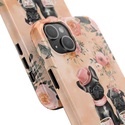 Floral French Bulldogs iPhone Case – Elegant Dog Design with Tea Cups & Roses, Shockproof Protection - BOGO Cases