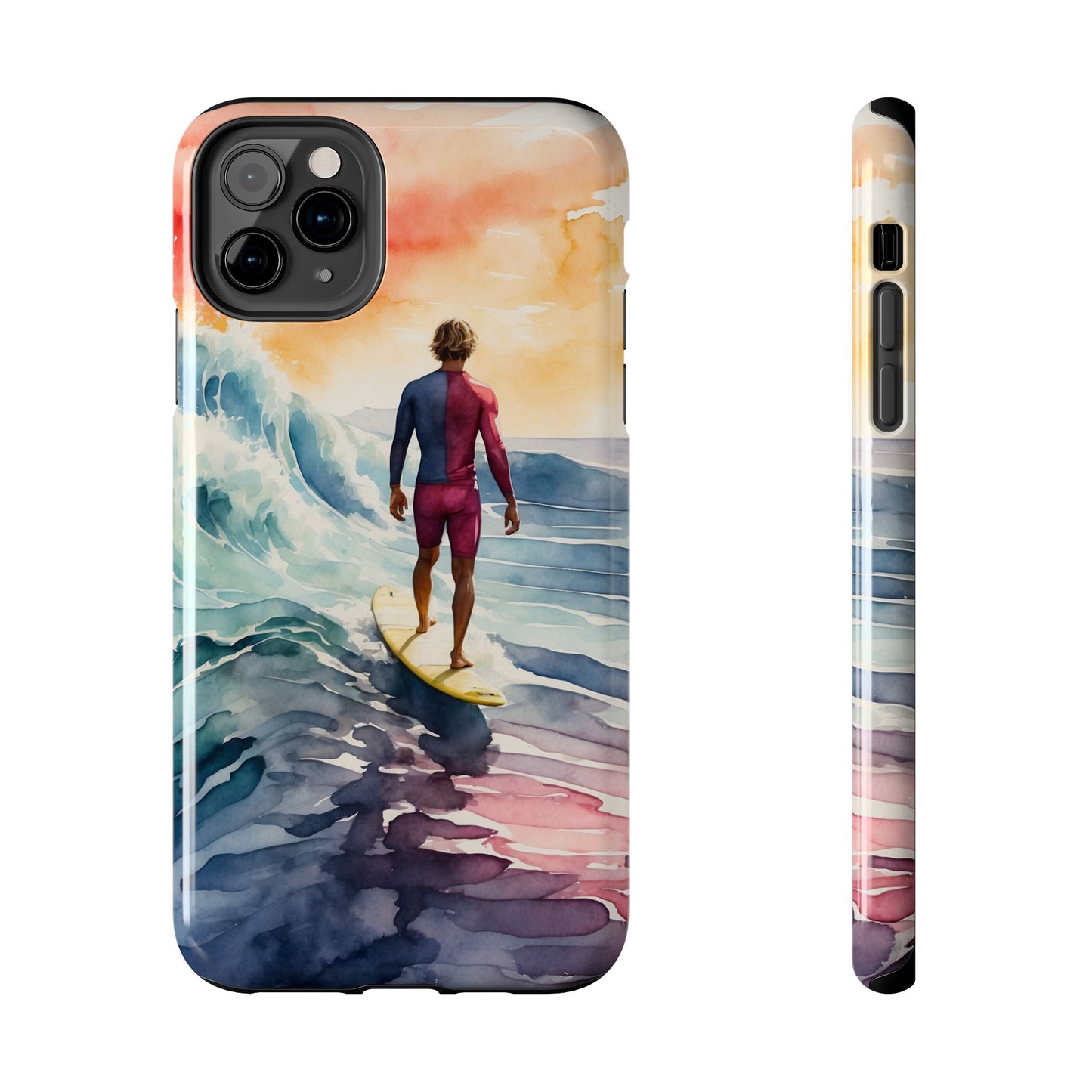 Surfer’s Sunset Wave iPhone Case – Vibrant Watercolor Design