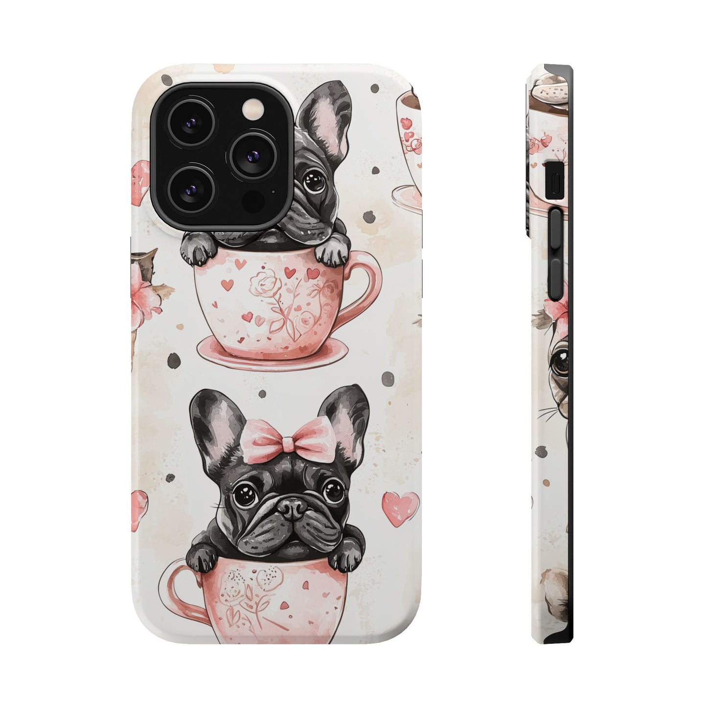 French Bulldogs in Teacups MagSafe iPhone Case – Cute Dog Design with Hearts & Bows, Shockproof & Slim