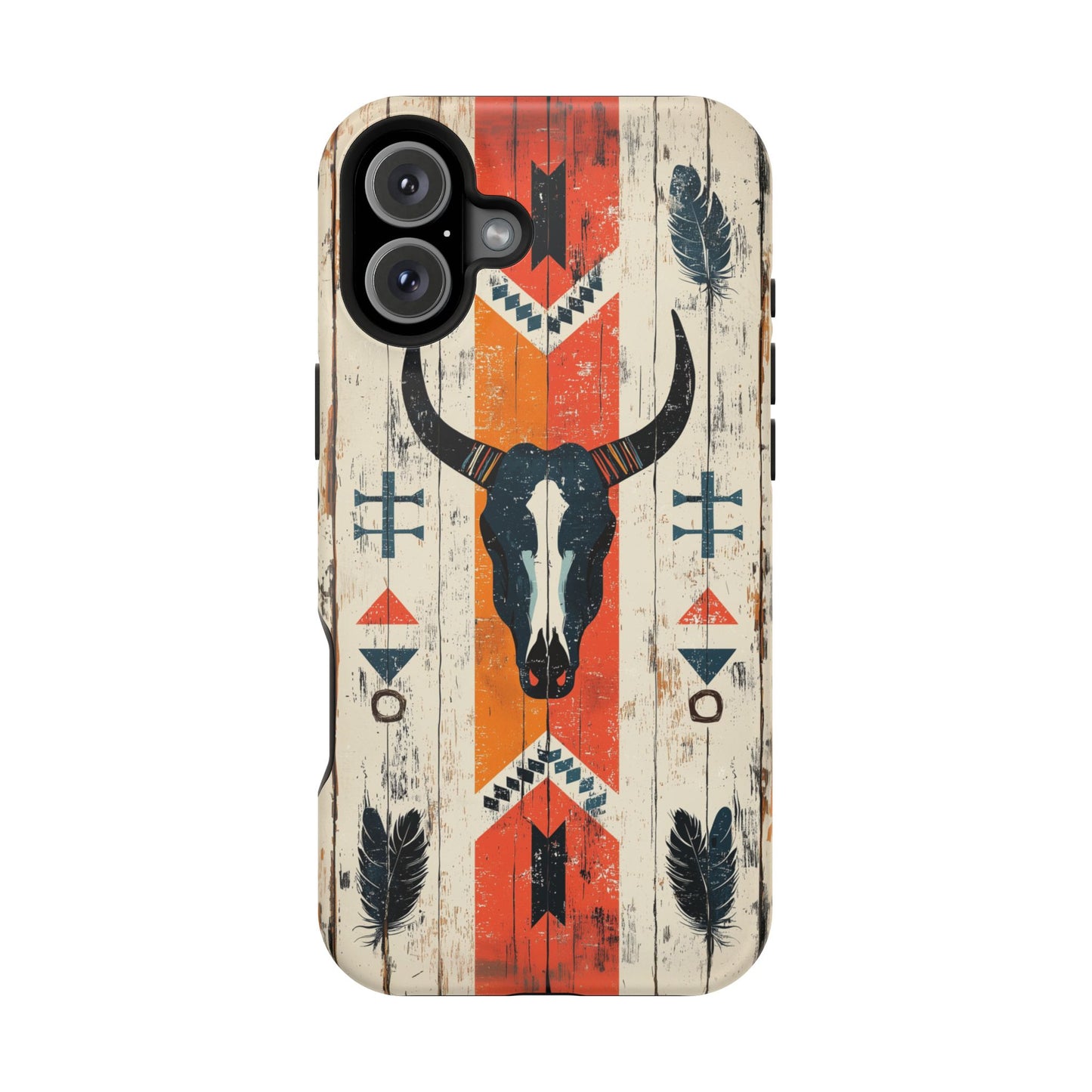 Rustic Western Bull Skull Tough MagSafe iPhone Case – Distressed Wood Design, Dual-Layer Protection