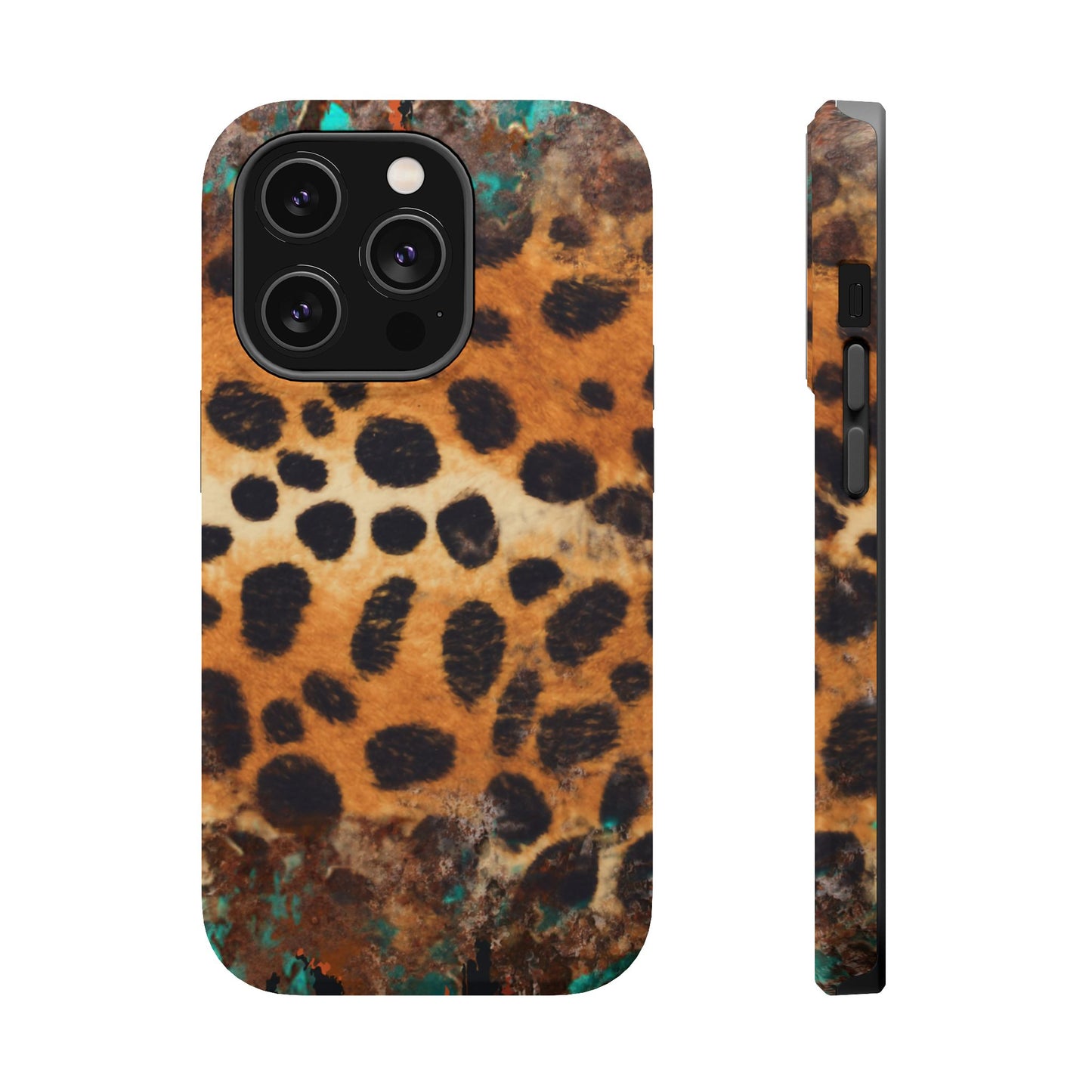 Rustic Leopard Print Tough MagSafe iPhone Case – Distressed Turquoise and Animal Pattern with Dual-Layer Protection