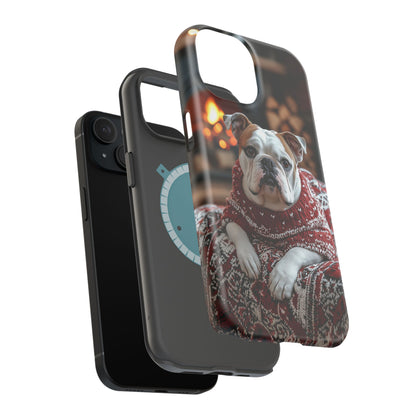 Cozy Bulldog in Sweater MagSafe iPhone Case – Festive Fireplace Protective Cover