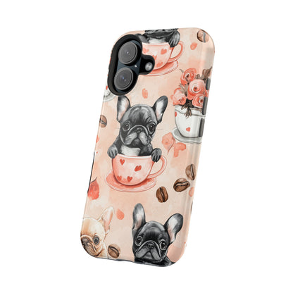 French Bulldogs in Heart Teacups MagSafe iPhone Case – Cute Dog & Floral Design, Shockproof Protection