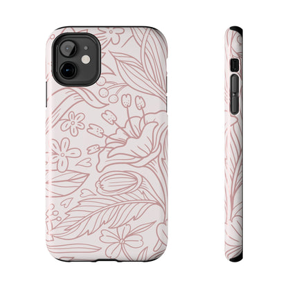 Blush Floral Line Art Tough iPhone Case – Delicate Minimalist Design with Dual-Layer Protection