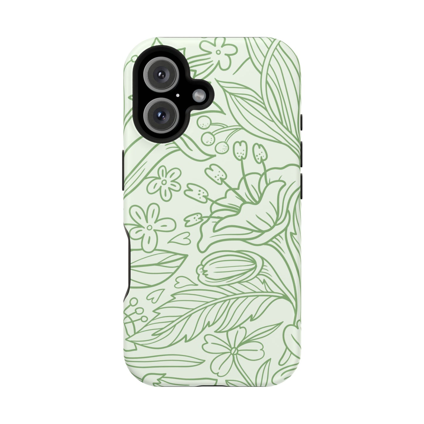 Sage Green Floral Line Art Tough MagSafe iPhone Case – Minimalist Botanical Design with Dual-Layer Protection