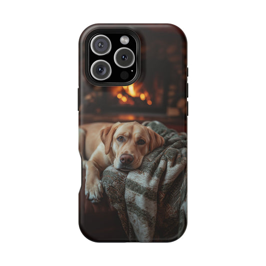 Cozy Labrador by Fireplace MagSafe iPhone Case – Rustic Cabin Protective Cover