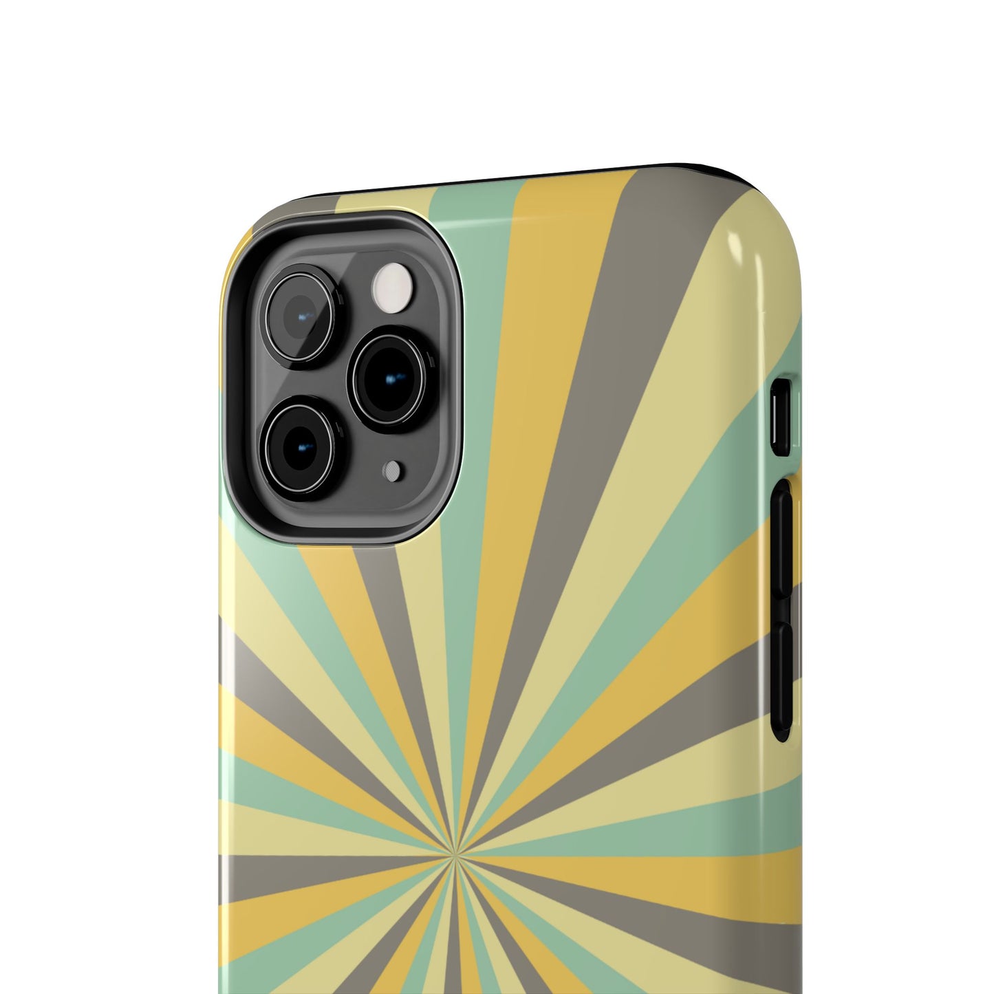 Vintage Sunburst Rays iPhone Case – Bold 70s-Inspired Burst in Yellow, Mint, and Gray