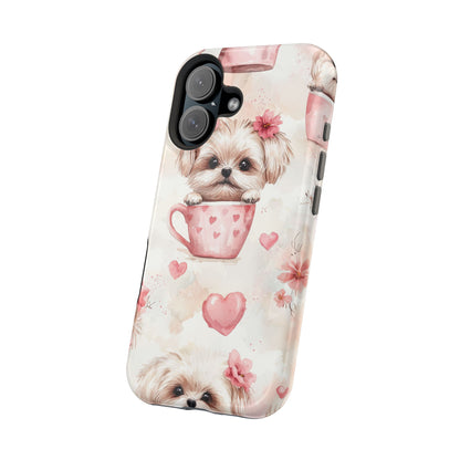 Floral Puppy in Teacup MagSafe iPhone Case – Cute Pink Flower Design, Tough Dual-Layer Protection