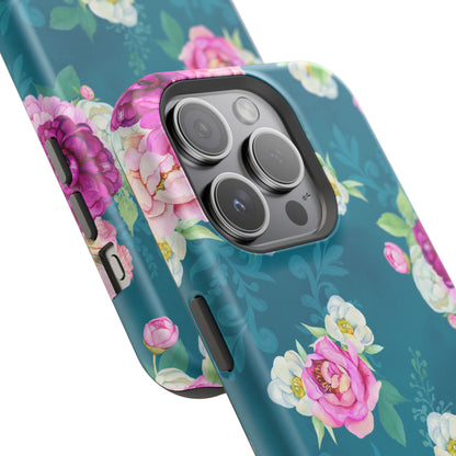 Elegant Peony Bouquet MagSafe iPhone Case – Deep Teal Background with Romantic Floral Design