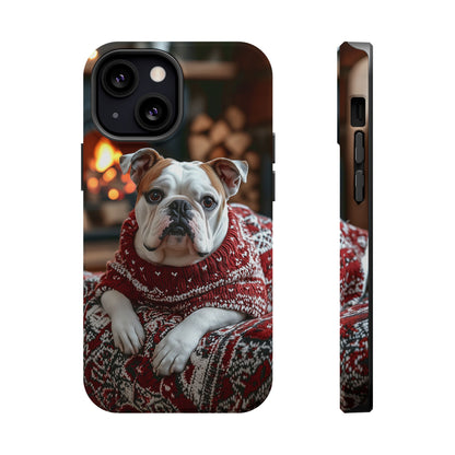 Cozy Bulldog in Sweater MagSafe iPhone Case – Festive Fireplace Protective Cover