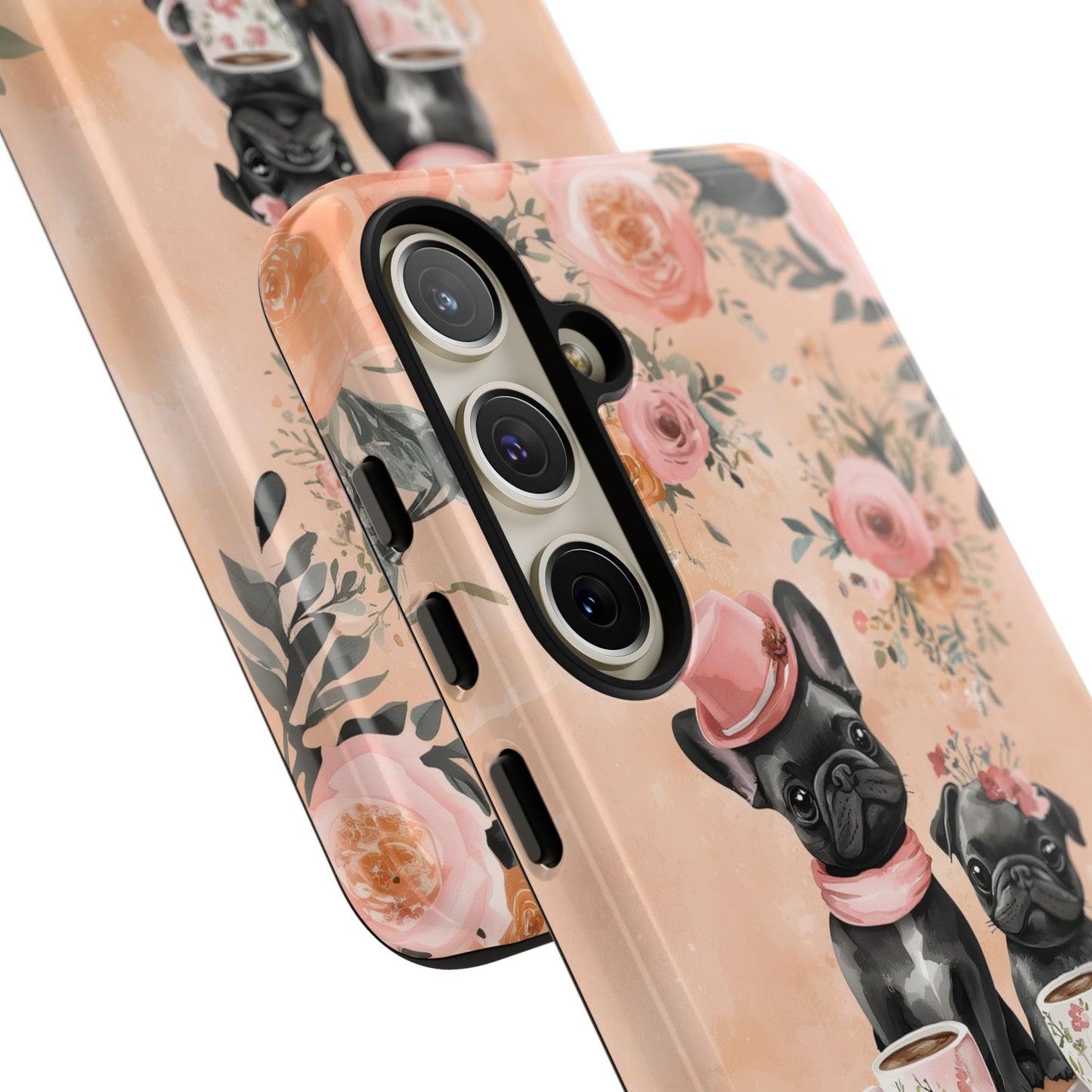 Floral French Bulldogs Samsung Galaxy Case – Elegant Dog Design with Tea Cups & Roses, Shockproof Protection