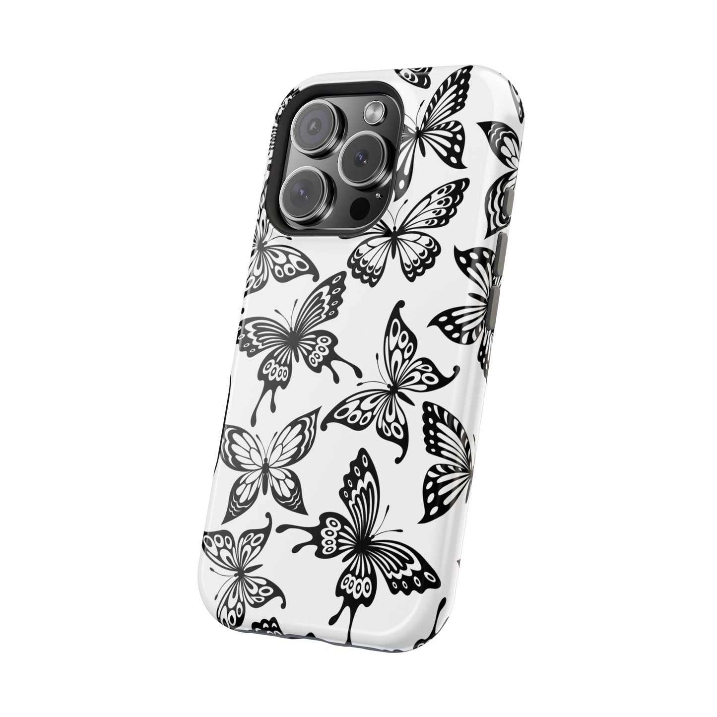 Monochrome Butterfly Pattern Tough MagSafe Case – Dual-Layer Protection with Matte Finish