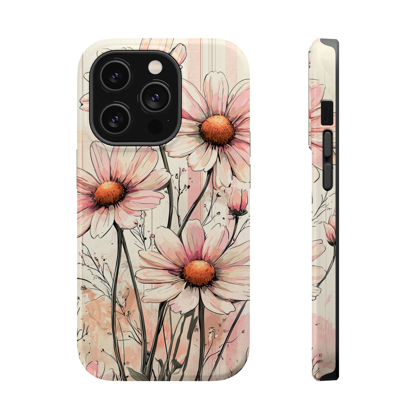 Pastel Pink Daisy MagSafe iPhone Case - Elegant Floral Plaid Protective Cover