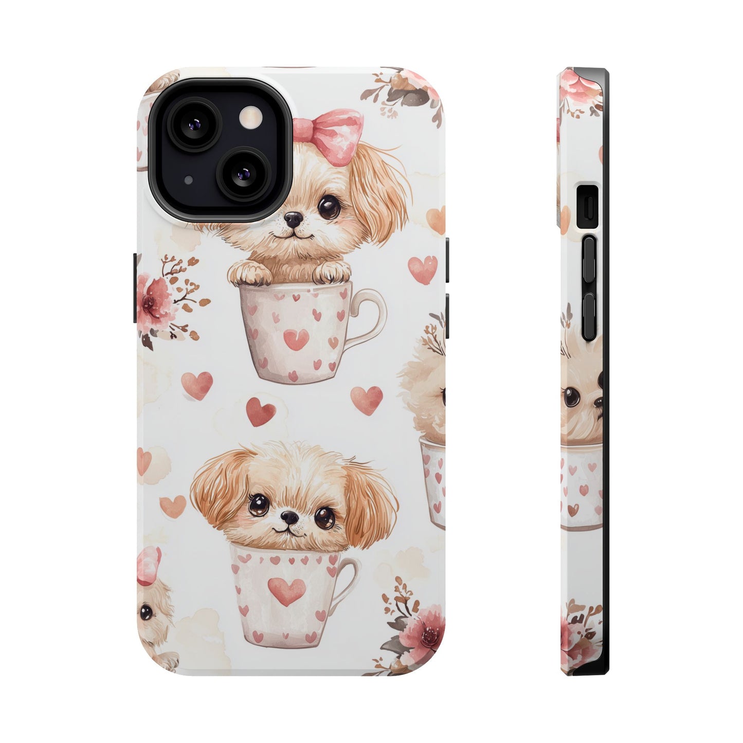 Cute Puppies in Heart MagSafe iPhone Case – Adorable Dog & Floral Design, Shockproof & Slim