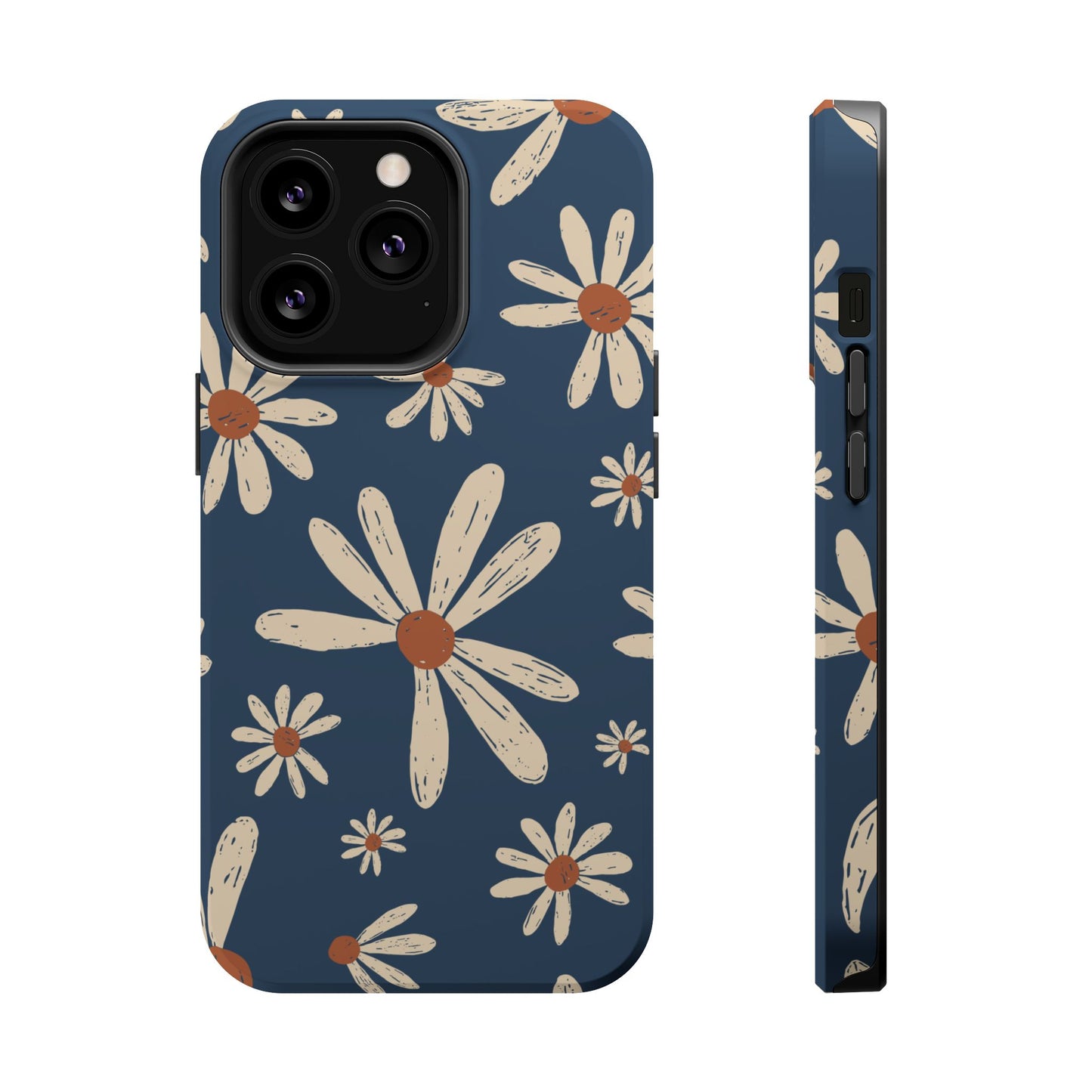 Vintage Daisies MagSafe iPhone Case – Navy Blue Floral Design, Scratch-Resistant with Shock-Absorbing Bumper