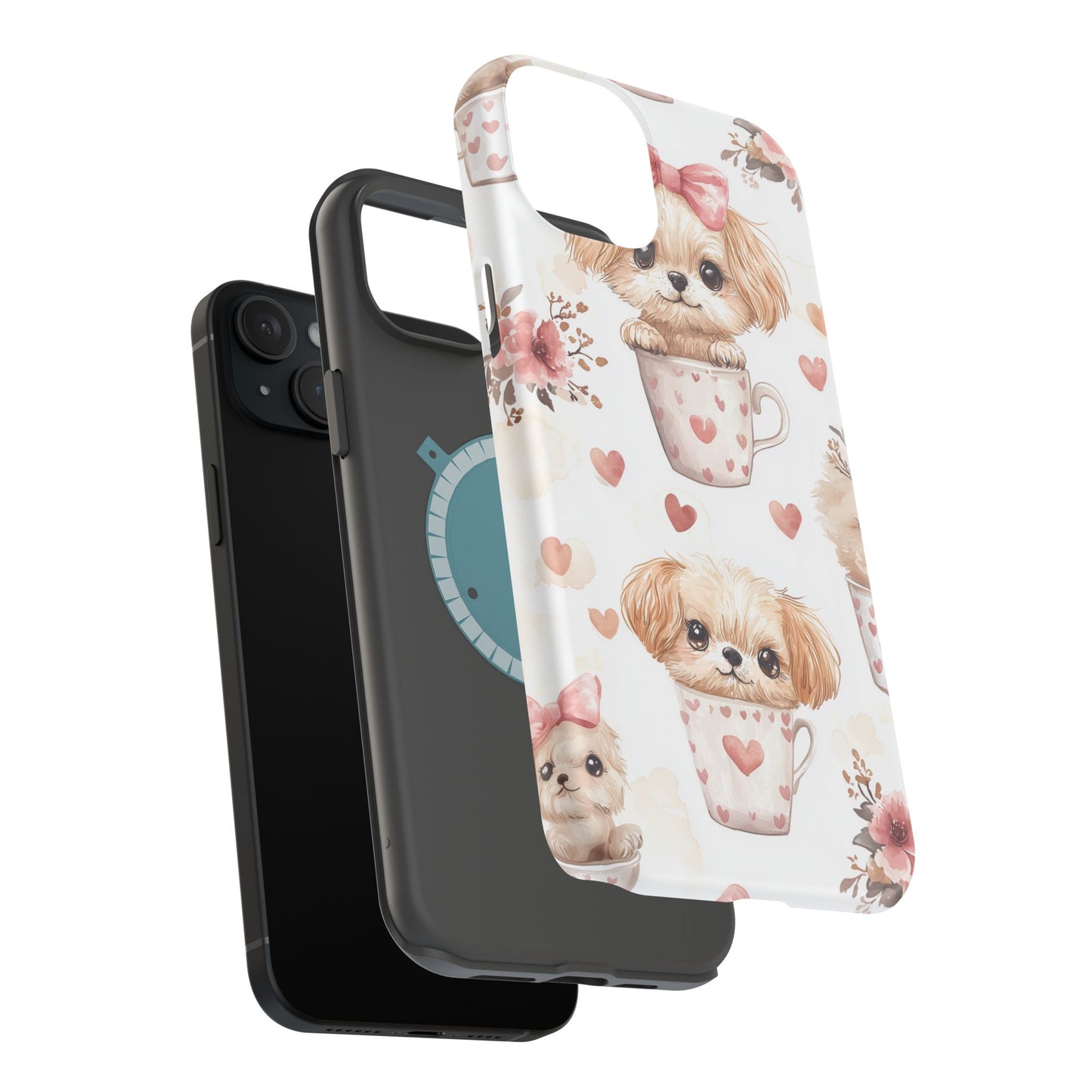 Cute Puppies in Heart MagSafe iPhone Case – Adorable Dog & Floral Design, Shockproof & Slim