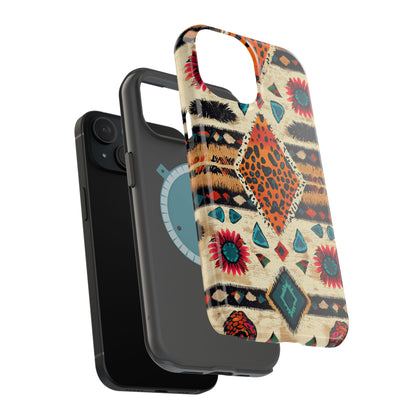 Wild Boho Leopard Print & Floral Tough MagSafe iPhone Case – Eclectic Tribal Design, Dual-Layer Protection