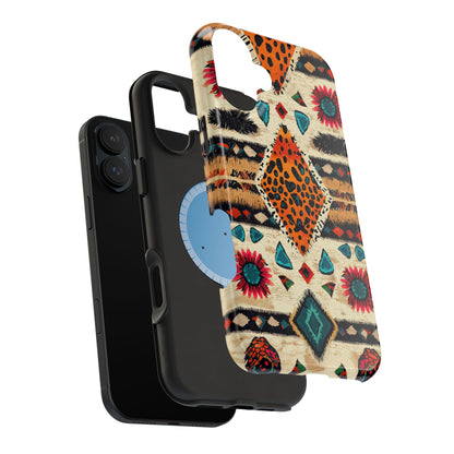 Wild Boho Leopard Print & Floral Tough MagSafe iPhone Case – Eclectic Tribal Design, Dual-Layer Protection