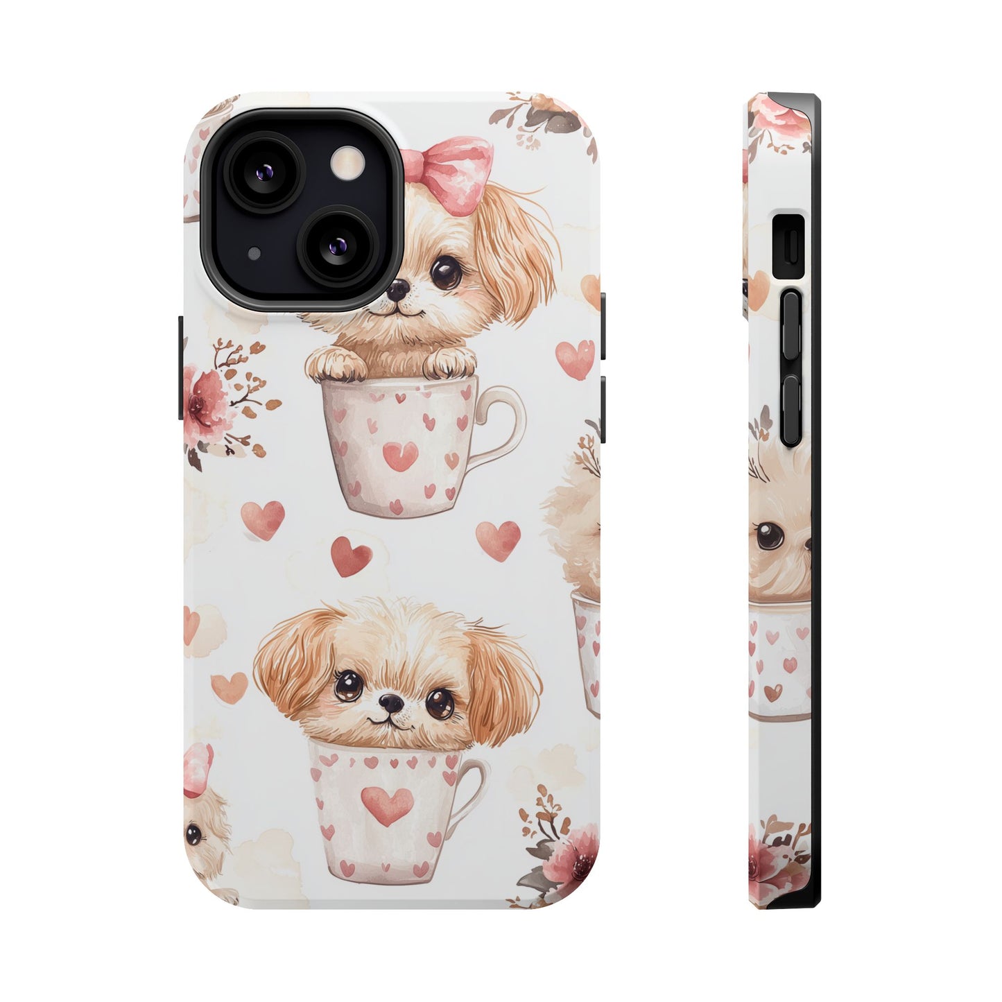 Cute Puppies in Heart MagSafe iPhone Case – Adorable Dog & Floral Design, Shockproof & Slim