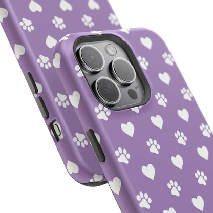 Lavender Paw Prints & Hearts Design - Adorable Pet Lover MagSafe iPhone Case