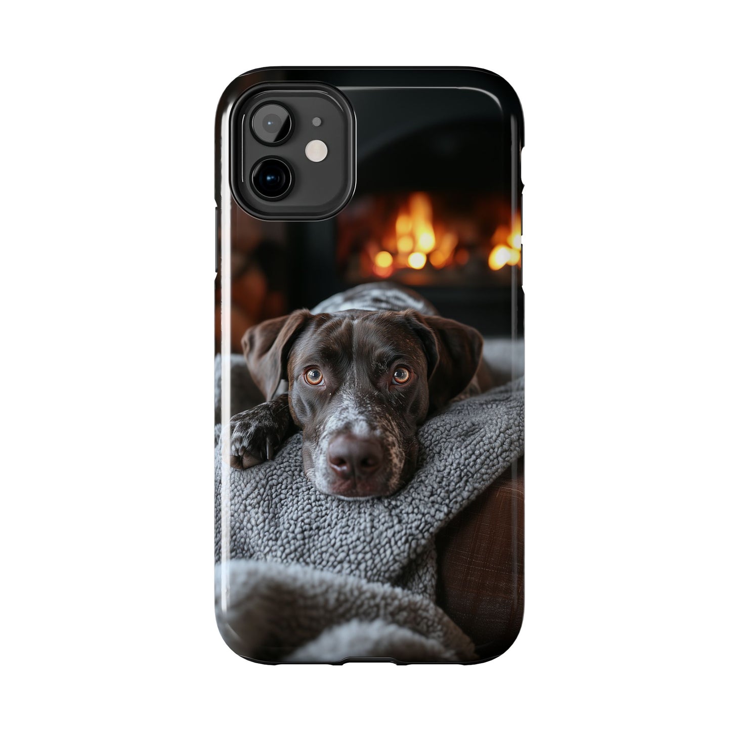 Cozy German Shorthaired Pointer iPhone Case – Rustic Fireplace Protective Cover