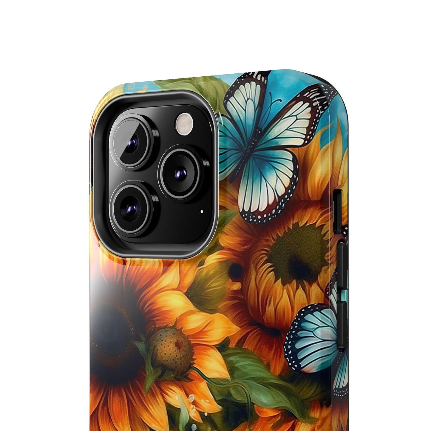 Aqua Blue Butterfly & Sunflower Art – iPhone Case