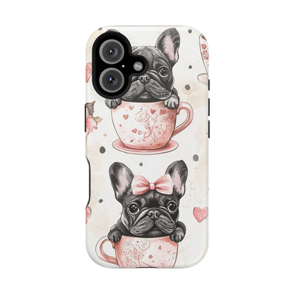 French Bulldogs in Teacups MagSafe iPhone Case – Cute Dog Design with Hearts & Bows, Shockproof & Slim