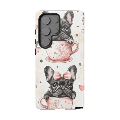 French Bulldogs in Teacups Samsung Galaxy Case – Cute Dog Design with Hearts & Bows, Shockproof & Slim