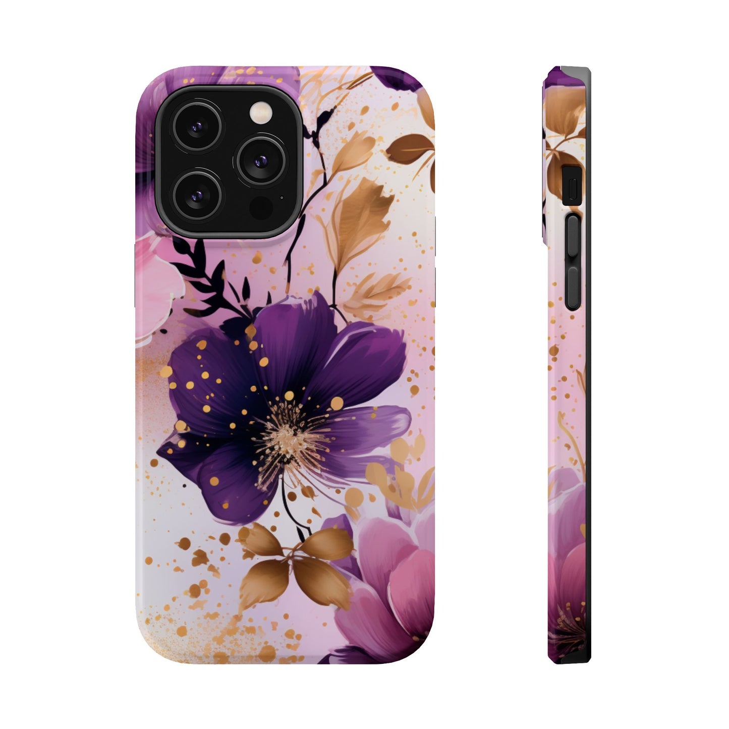 Elegant Purple & Gold Floral MagSafe iPhone Case - Luxe Flower Design