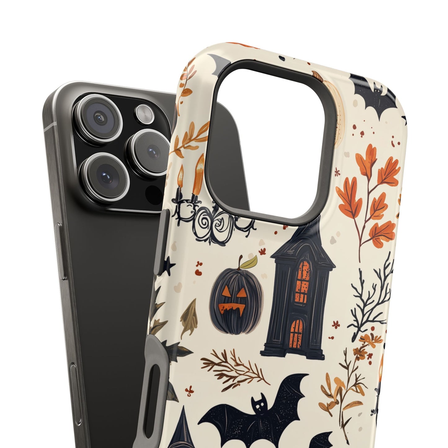 Haunted Halloween MagSafe iPhone Case – Haunted House, Bats, and Pumpkins Design