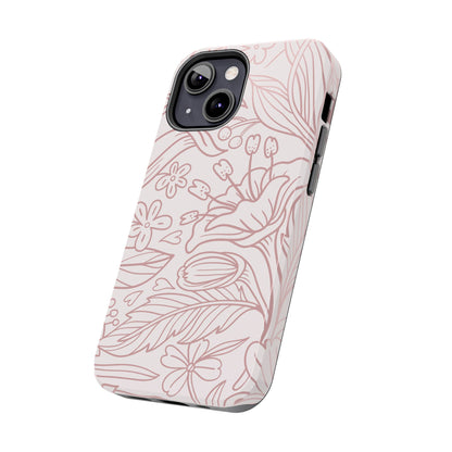 Blush Floral Line Art Tough iPhone Case – Delicate Minimalist Design with Dual-Layer Protection