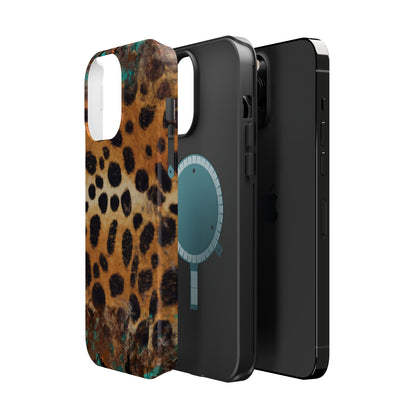 Rustic Leopard Print Tough MagSafe iPhone Case – Distressed Turquoise and Animal Pattern with Dual-Layer Protection